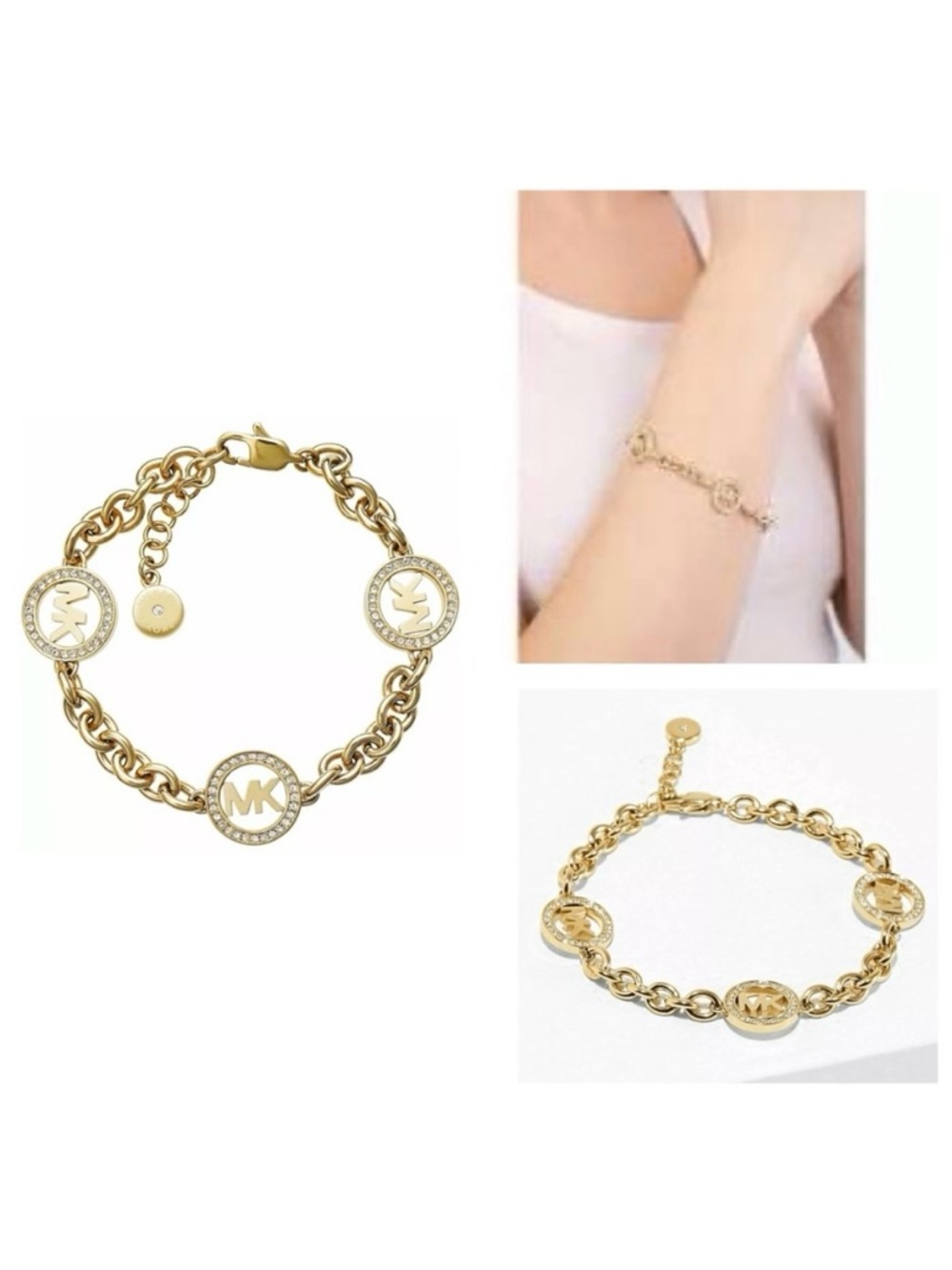 NWT Michael Kors FULTON 12K Gold Plated Glass Crystals MK Logo Chain Bracelet